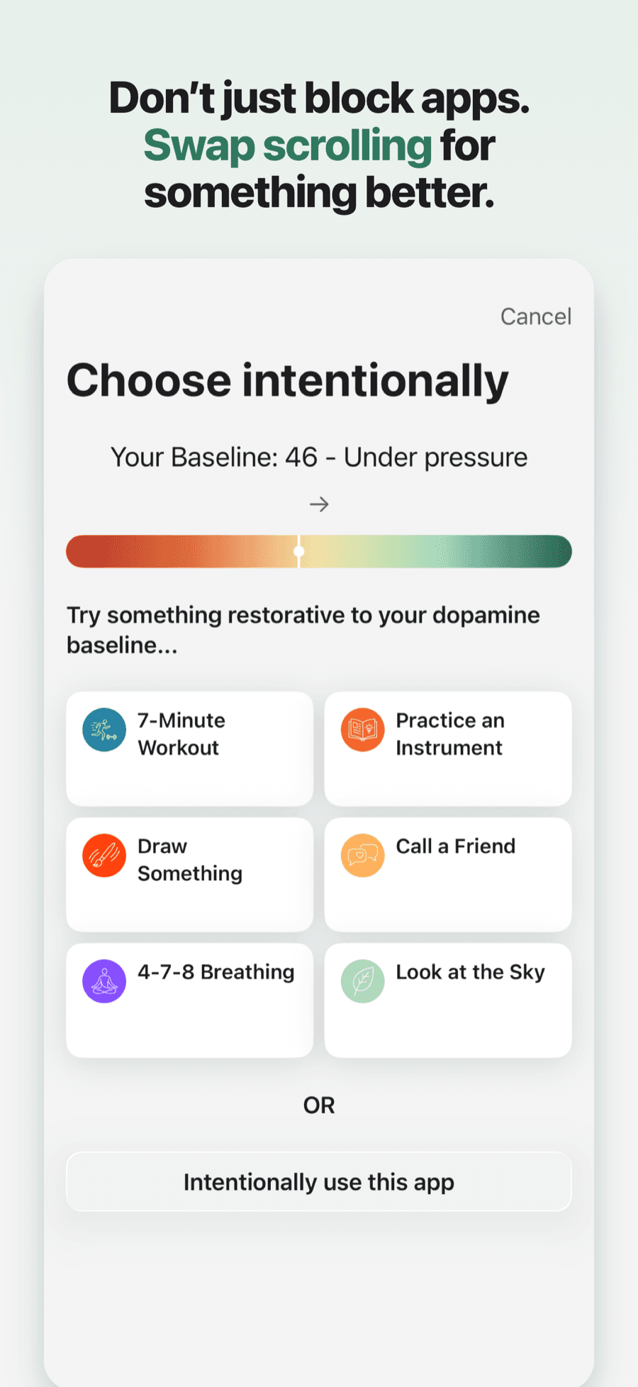 Intervention screen offering restorative activities instead of a blocked app