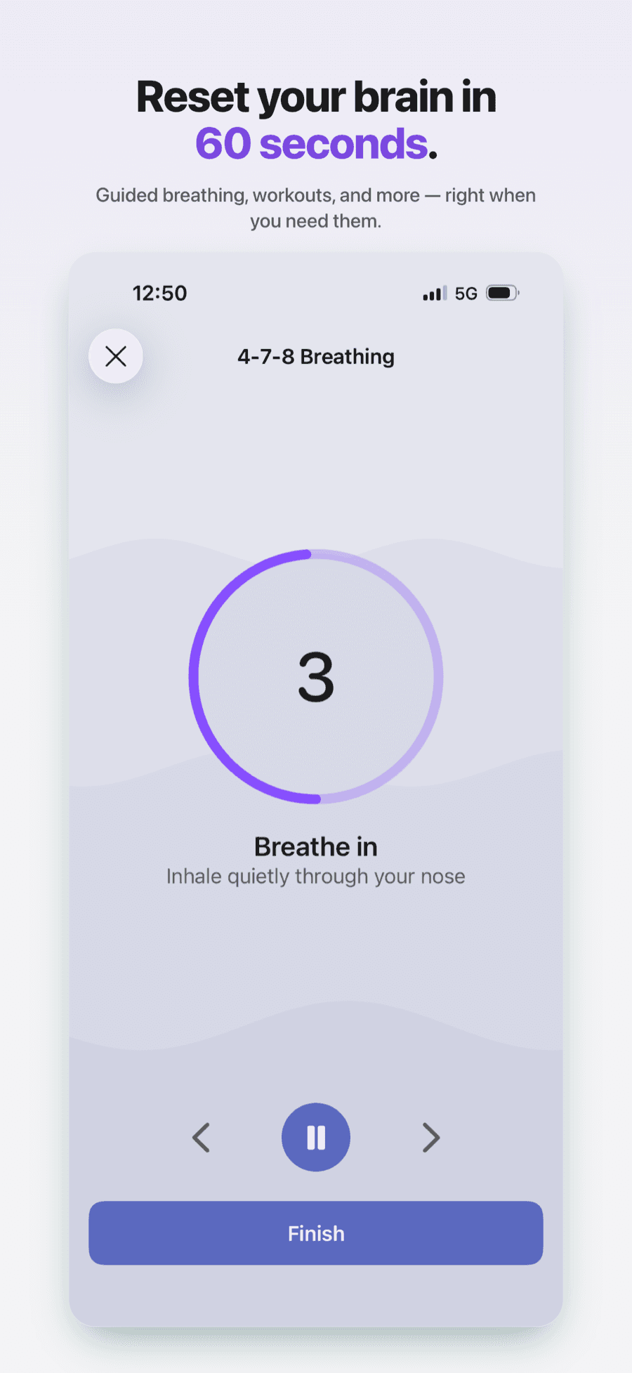 Guided 4-7-8 breathing session with a circular countdown