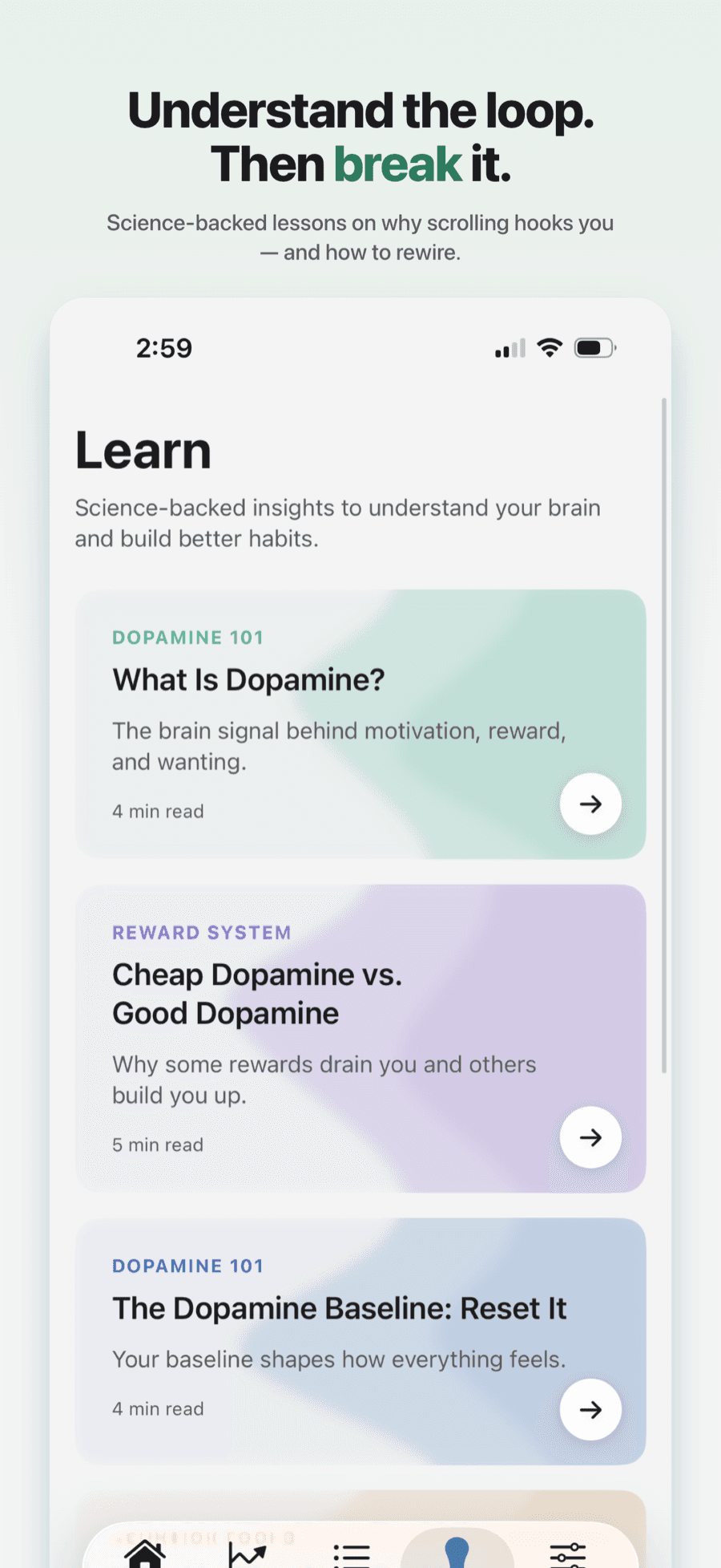 Learn screen with science-backed lessons on dopamine