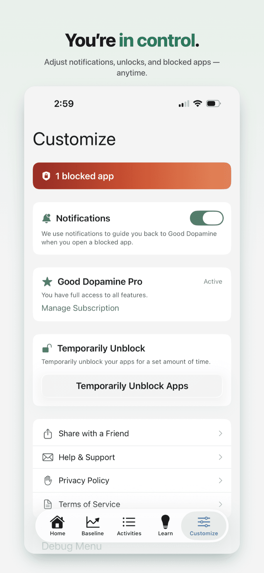 Customize screen for notifications, blocked apps, and unlocks
